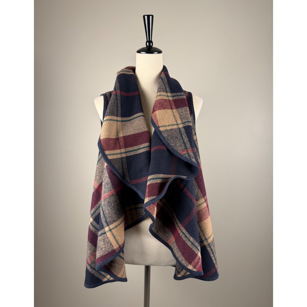 Altar'd State Vest Womens Medium Navy Burgundy Plaid Drape Front Layer